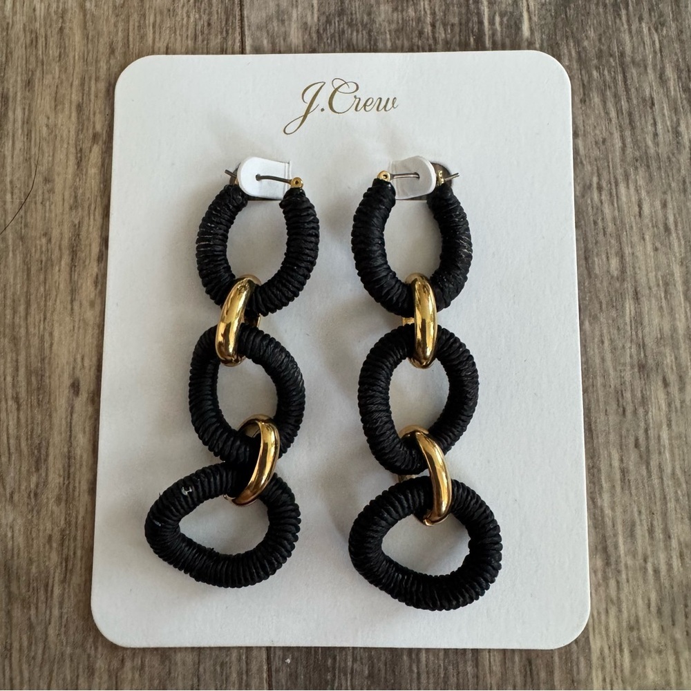 NWT! J. Crew Cotton Raffia-wrapped Chain Dangle Earrings in black - Picture 2 of 4